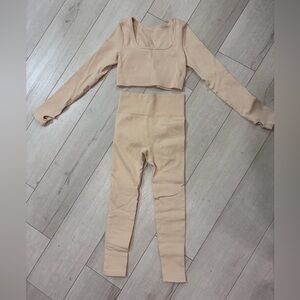 Ribbed High-Waist Seamless Leggings & Crop Top Set - Cream